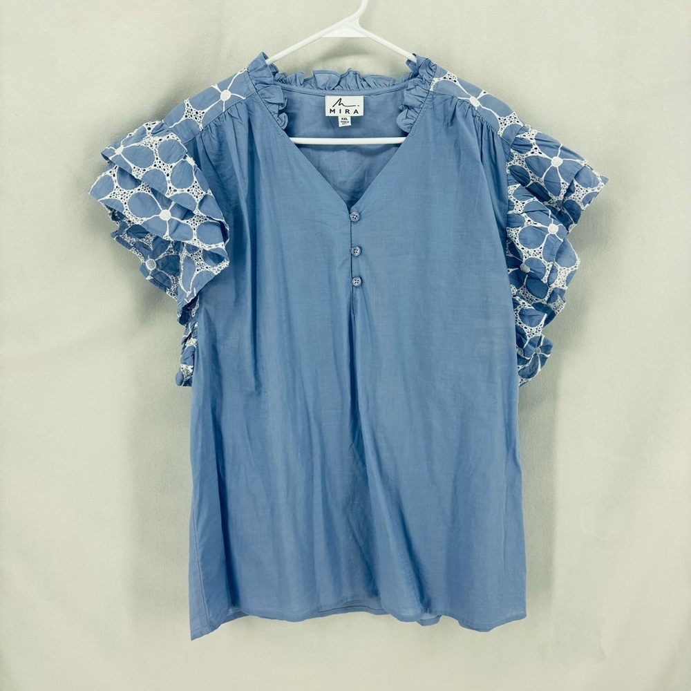 Mira Blue Cotton Blouse women’s XXL Ruffle Sleeve Eyelet Lace Boho Peasant Top